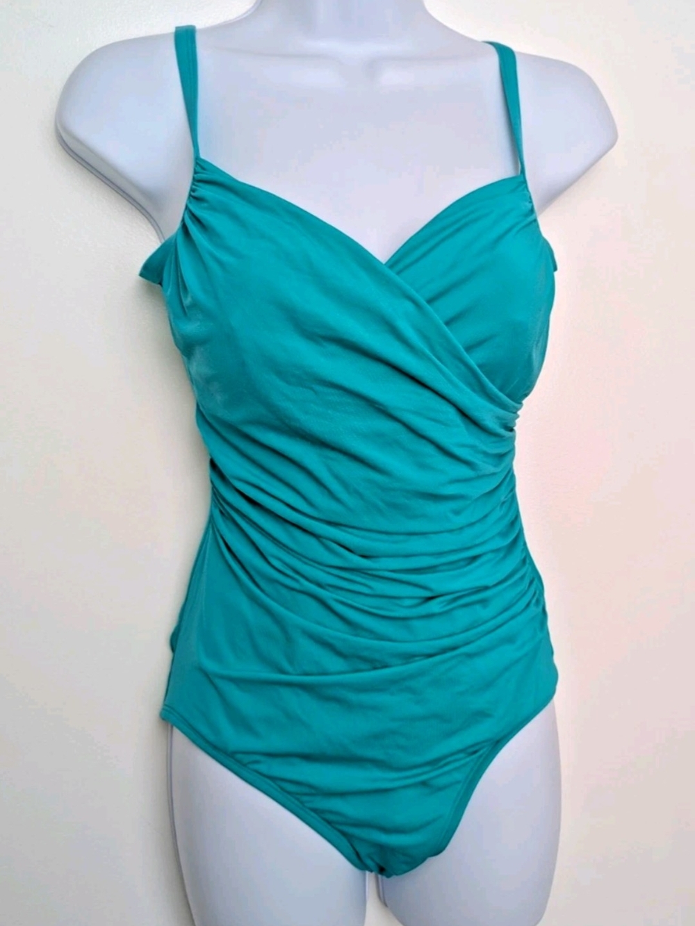 Jantzen Classics Sz 10 Ruched Green One Piece Swimsuit Slimming Padded Bra Teal